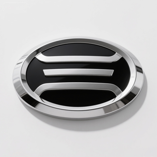 close up of a custom 3d emblem chrome car badge mounted on a vehicle grille
